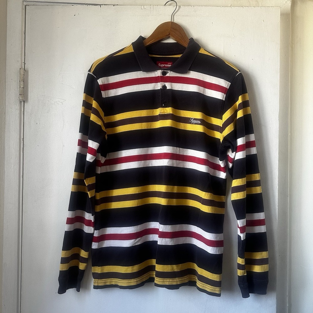 Supreme Vintage Multi Stripe Rugby Long Sleeve 100 % Cotton Collared Preppy Med